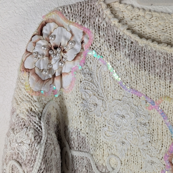 Vintage Bonnie & Bill by Holly Floral Appliqué Sequin Knit Sweater M Korea - Picture 9 of 16